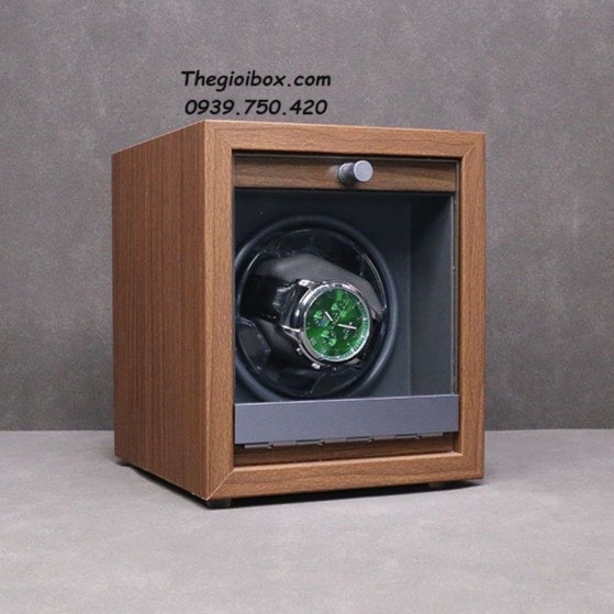 hộp xoay đồng hồ cơ 1 ngăn vỏ gỗ có đèn led và nắp kính chống bụi cao cấp