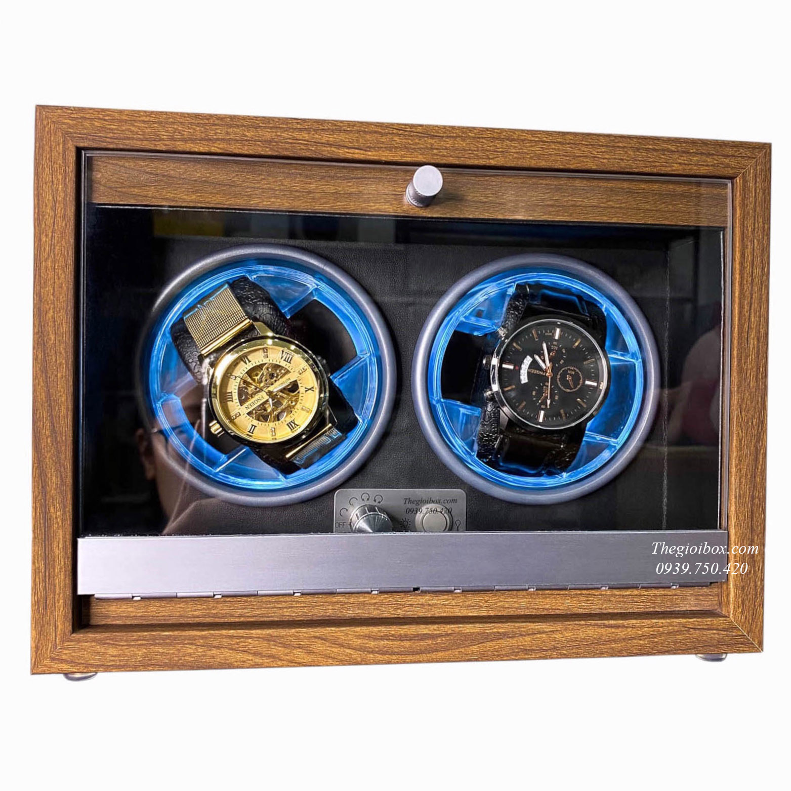 hộp đồng hồ cơ 2 ngăn xoay vỏ gỗ sần + nội thất da PU đen có đèn LED