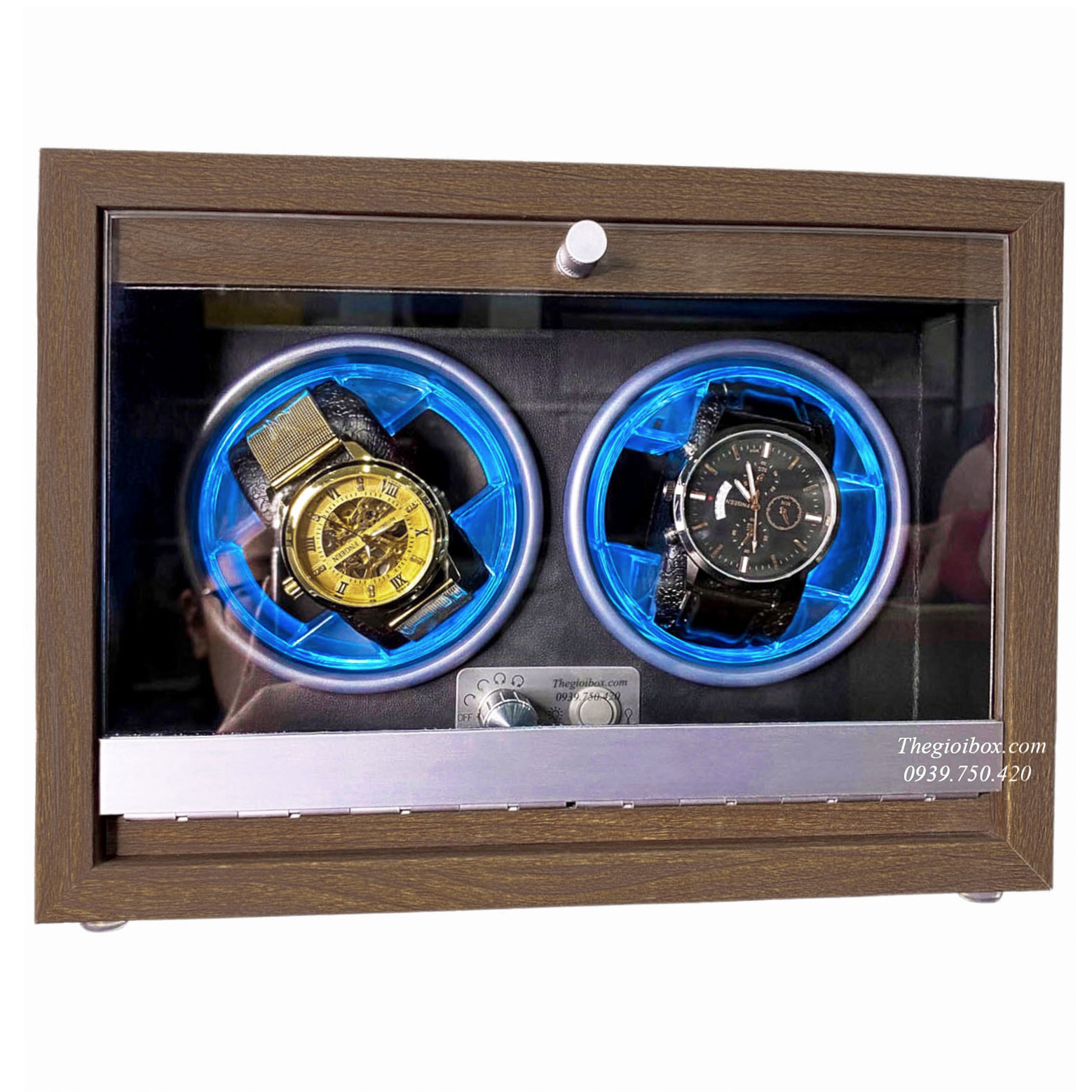 Hộp xoay đồng hồ cơ 2 ngăn gỗ sần + LED