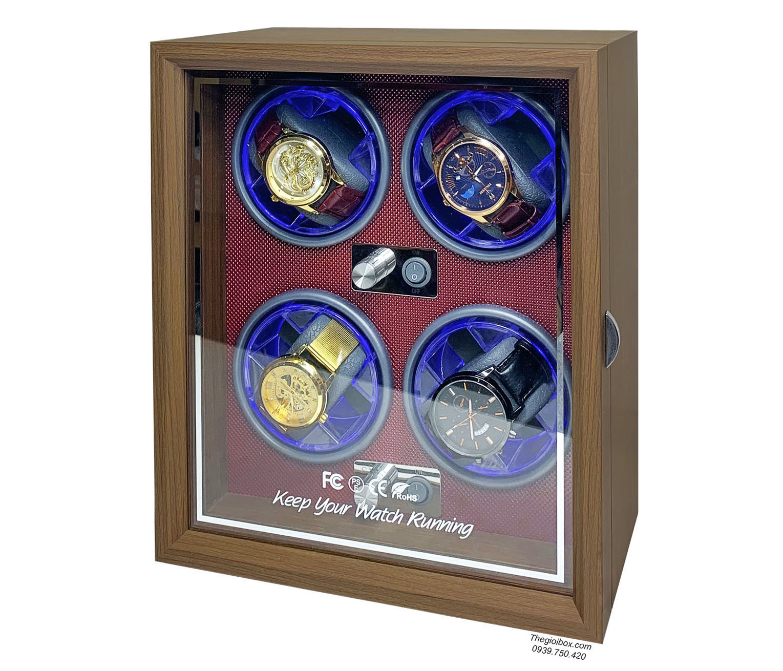 Tủ hộp đồng hồ tự động xoay 4 ngăn vỏ gỗ lót gỗ vân kim cương cao cấp