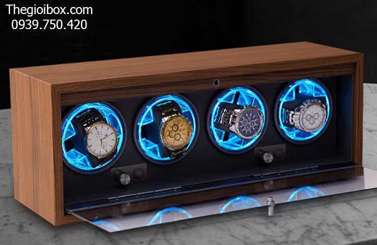 Hộp xoay đồng hồ cơ 4 ngăn vỏ gỗ sần + đèn LED