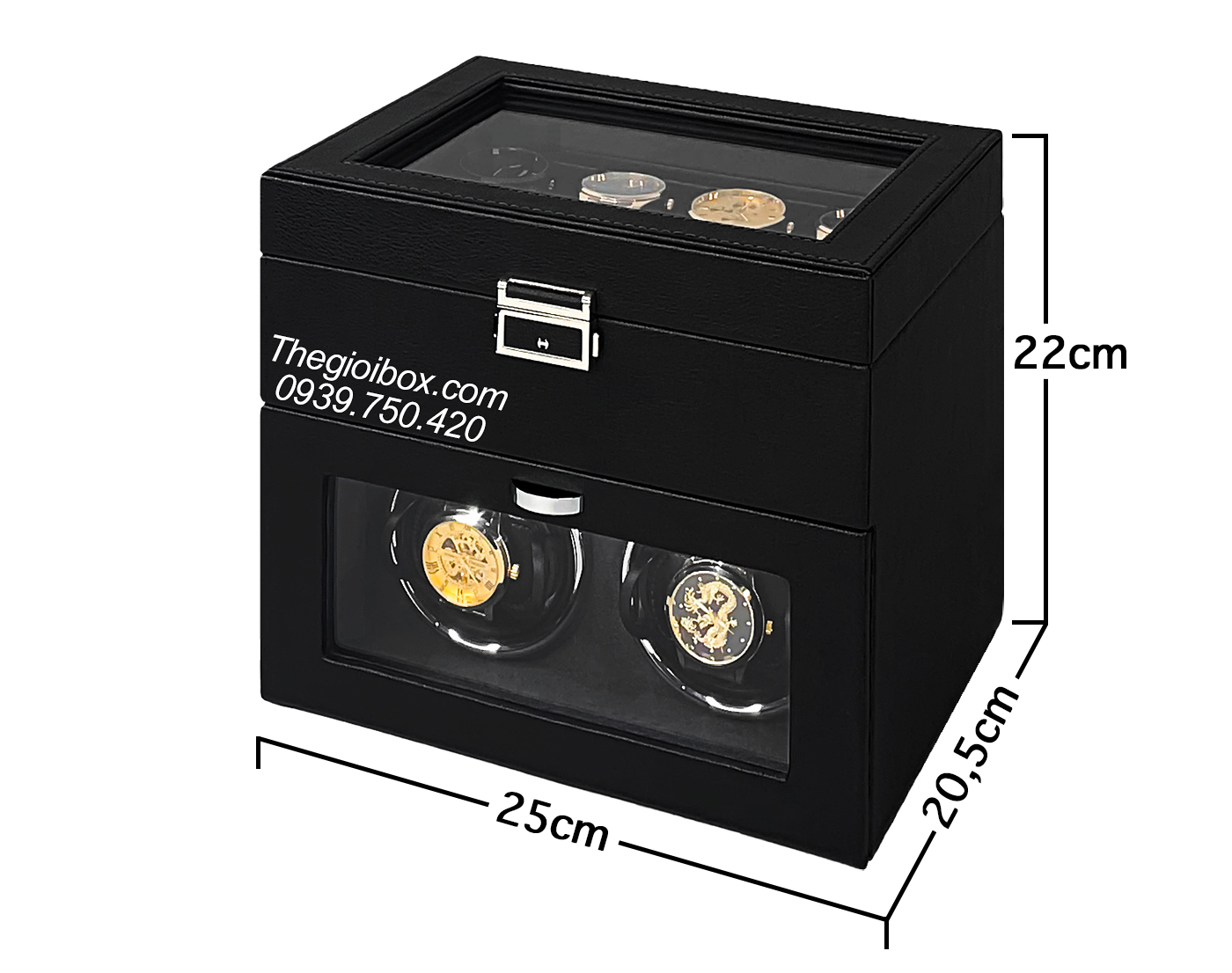 Hộp Tủ để đồng hồ cơ 2 xoay + 8 tĩnh có đèn LED vỏ da sang trọng cao cấp
