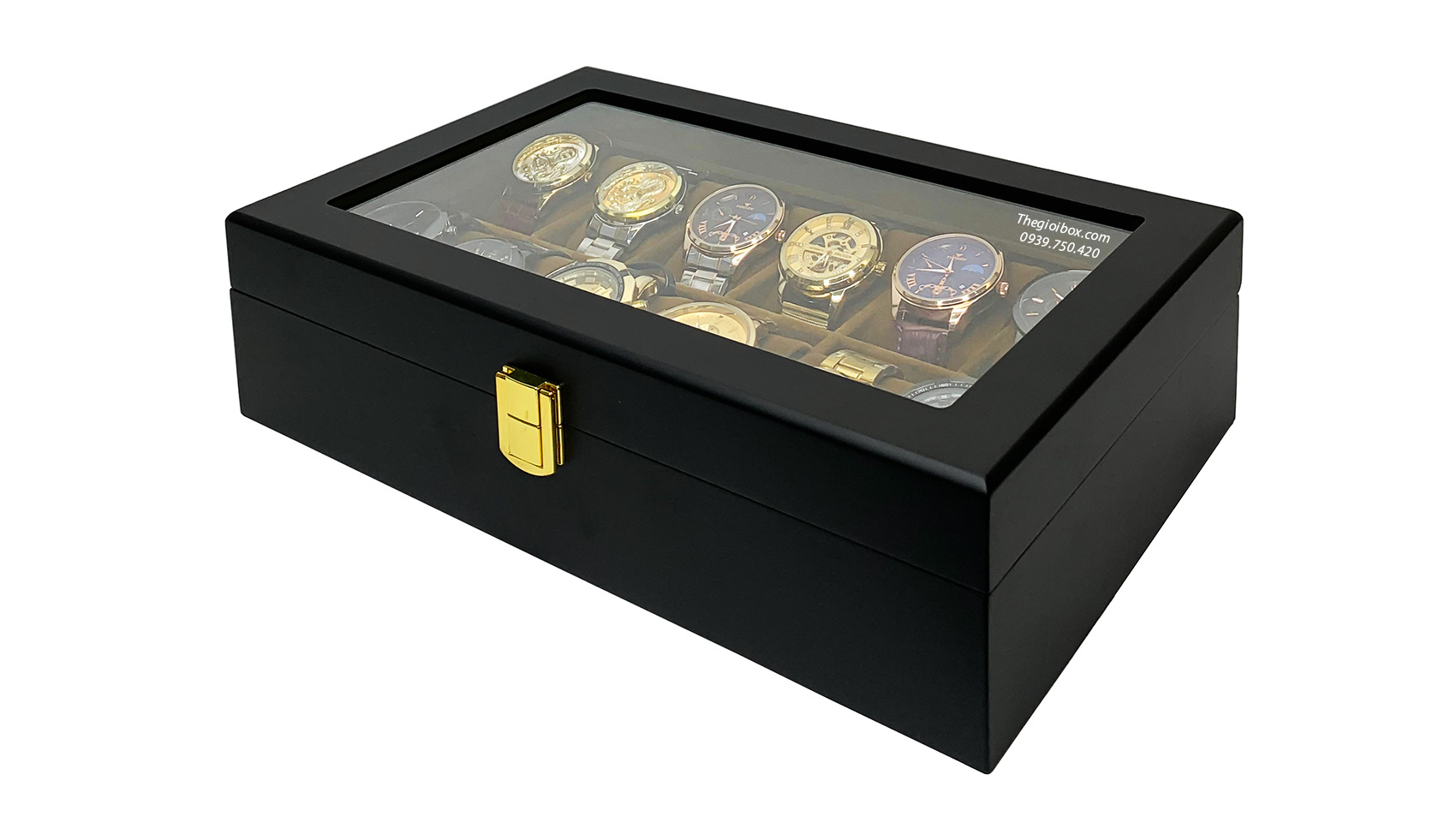 hộp để 12 chiếc đồng hồ vỏ gỗ đen - lót nhung nâu nhỏ gọn, cao cấp, giá rẻ