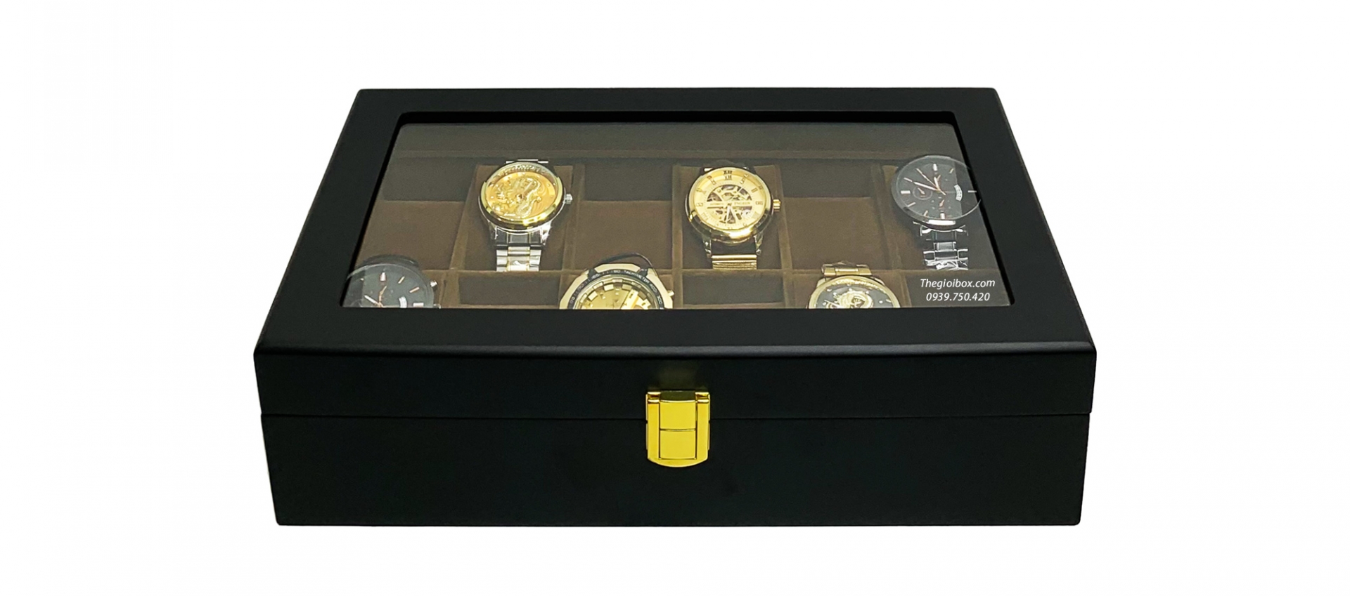hộp để 12 chiếc đồng hồ vỏ gỗ đen - lót nhung nâu nhỏ gọn, cao cấp, giá rẻ