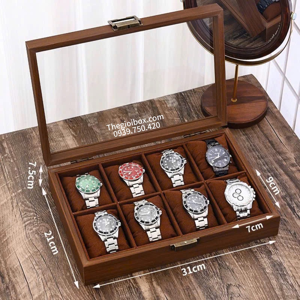 Hộp đựng đồng hồ nhiều ngăn vỏ gỗ nâu lót nhung nâu nắp kính trong suốt