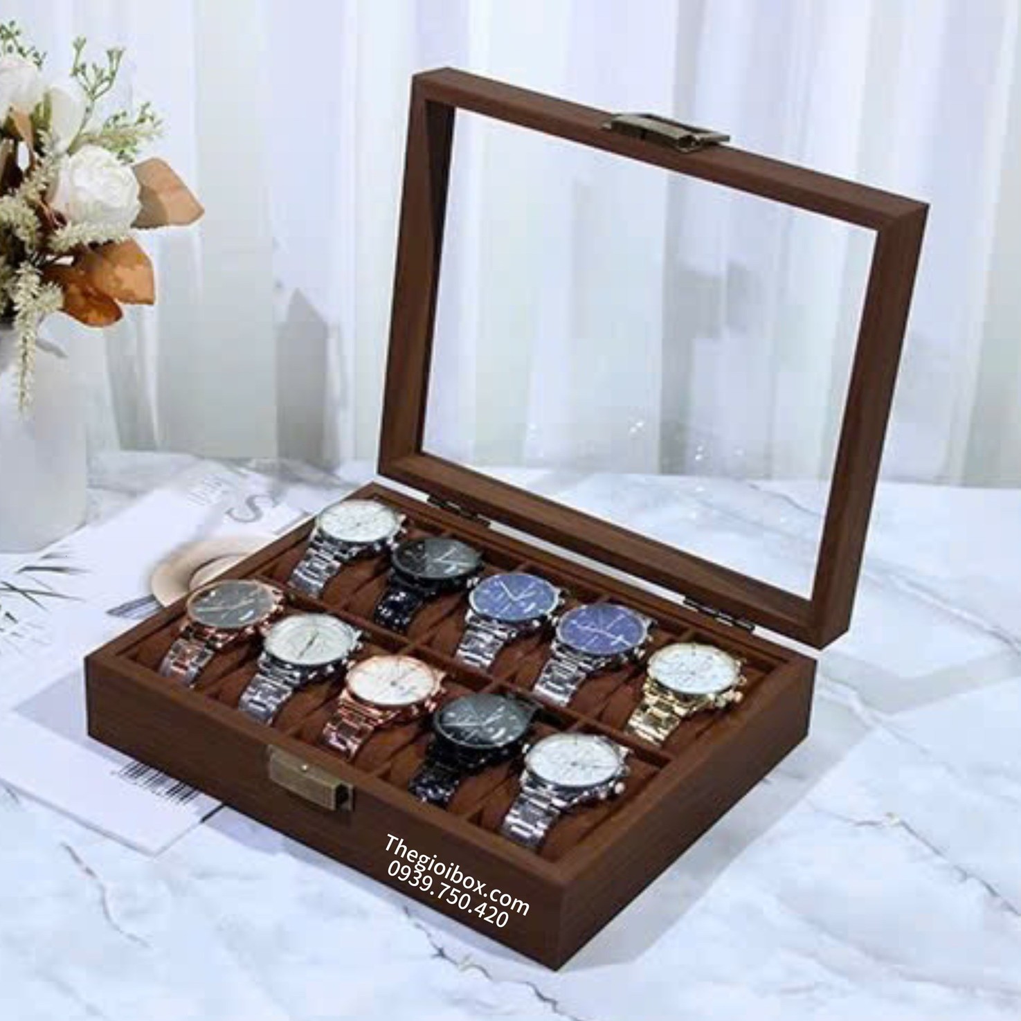 Hộp đựng đồng hồ nhiều ngăn vỏ gỗ nâu lót nhung nâu nắp kính trong suốt