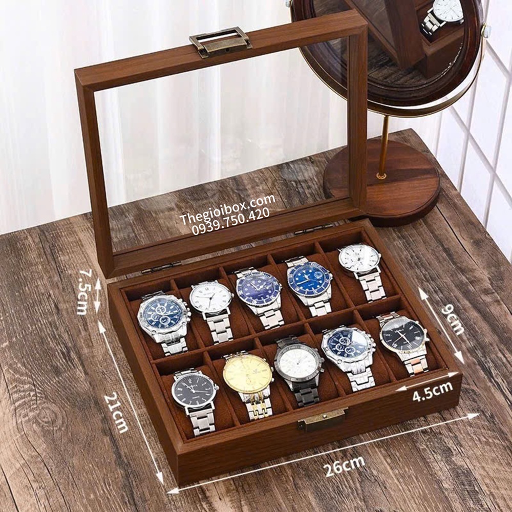 Hộp đựng đồng hồ nhiều ngăn vỏ gỗ nâu lót nhung nâu nắp kính trong suốt