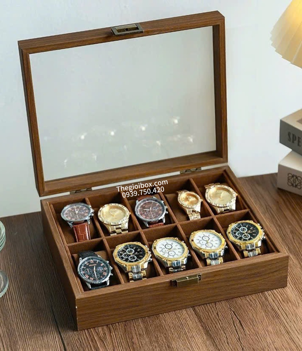 Hộp đựng đồng hồ nhiều ngăn vỏ gỗ nâu lót nhung nâu nắp kính trong suốt