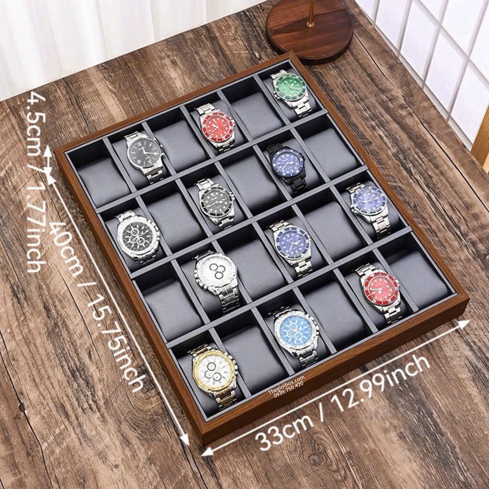 Khay Trưng Bày Đồng Hồ Vỏ Gỗ Lót Da Xám Bóng Cao Cấp