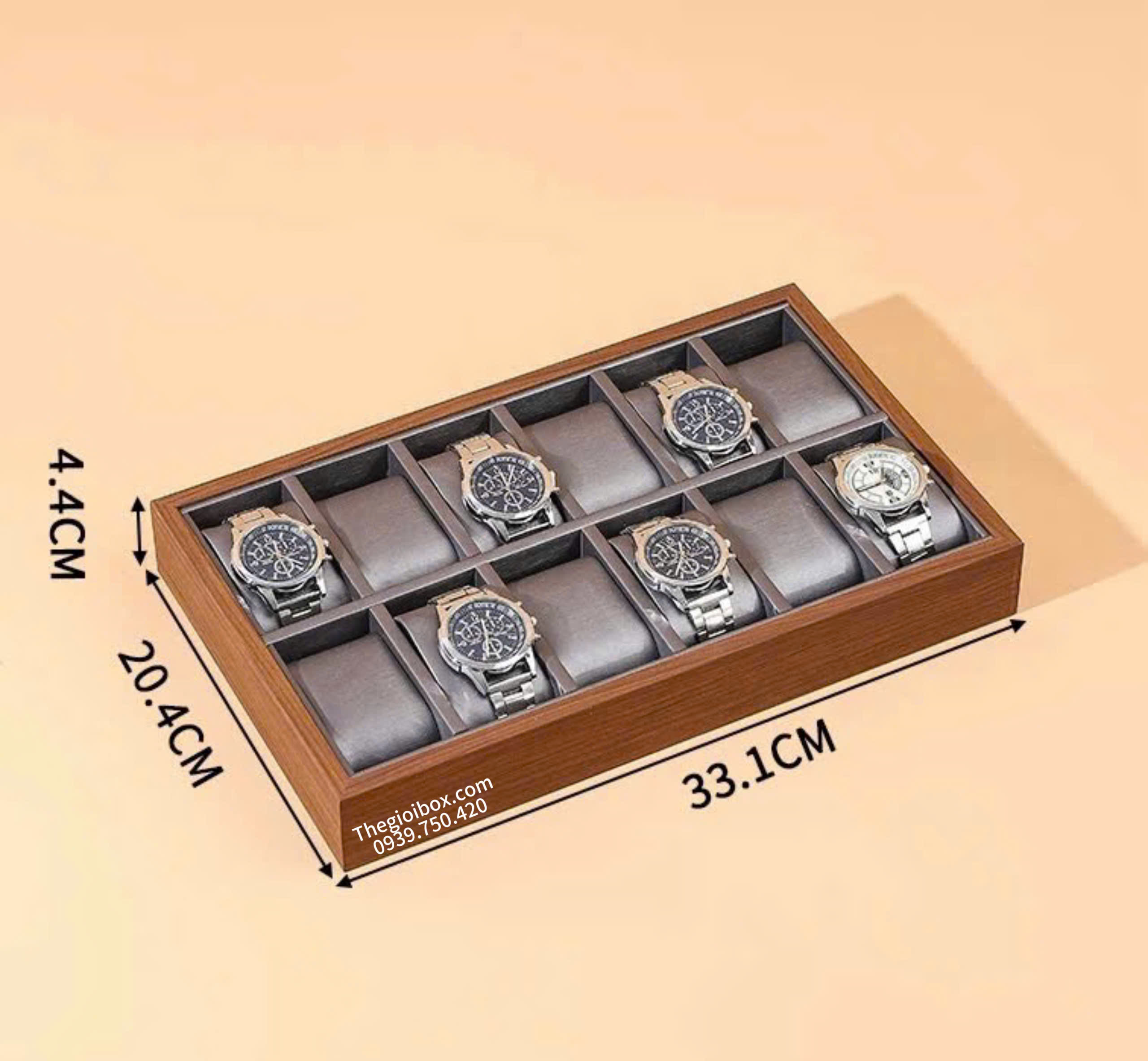 Khay Trưng Bày Đồng Hồ Vỏ Gỗ Lót Da Xám Bóng Cao Cấp