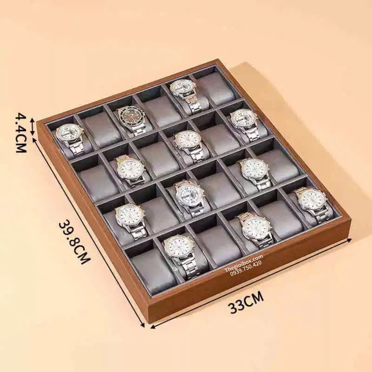 Khay Trưng Bày Đồng Hồ Vỏ Gỗ Lót Da Xám Bóng Cao Cấp
