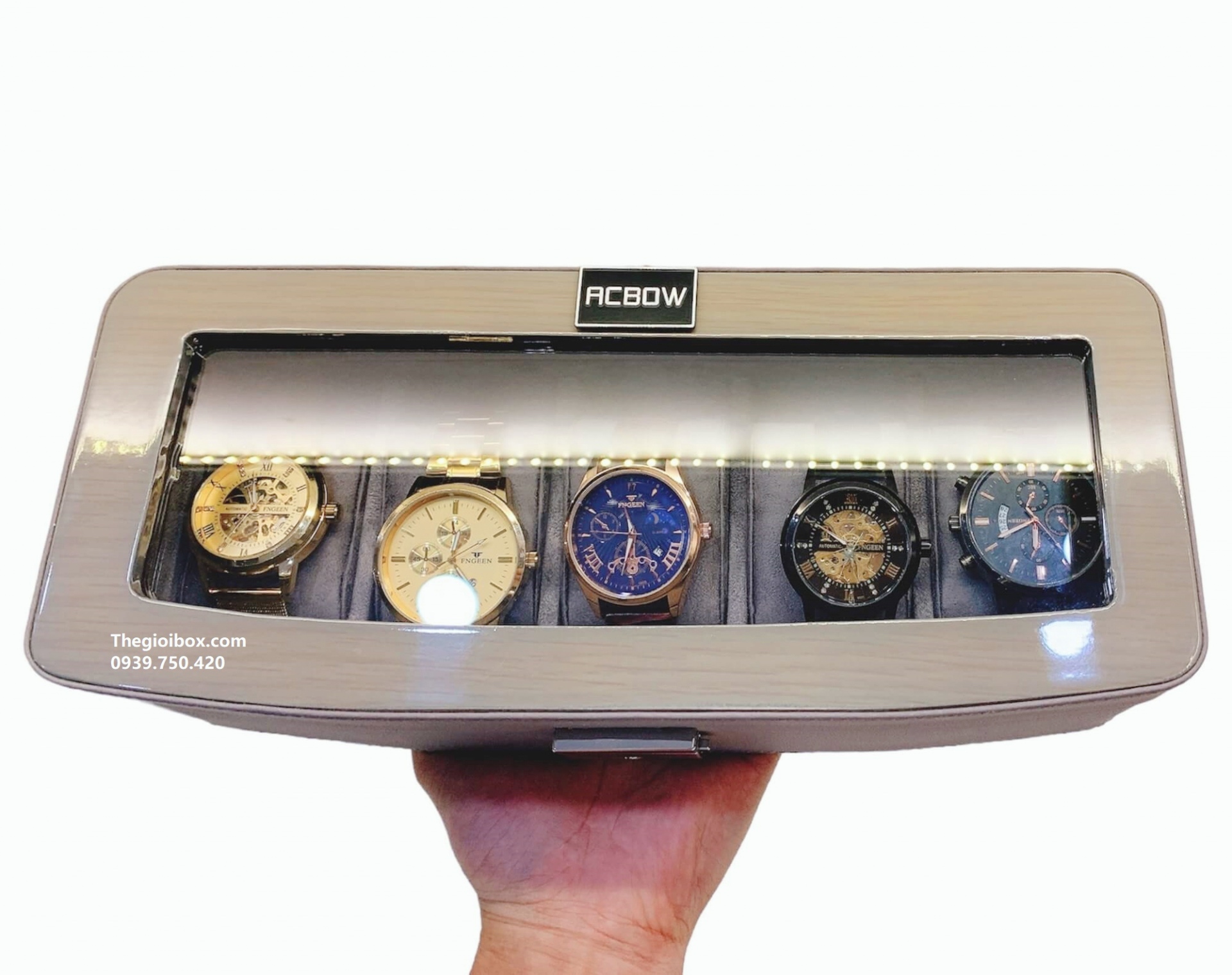 Hộp đựng đồng hồ 5 ngăn chính hãng acbow cao cấp sang trọng có khóa màu xám nhạt