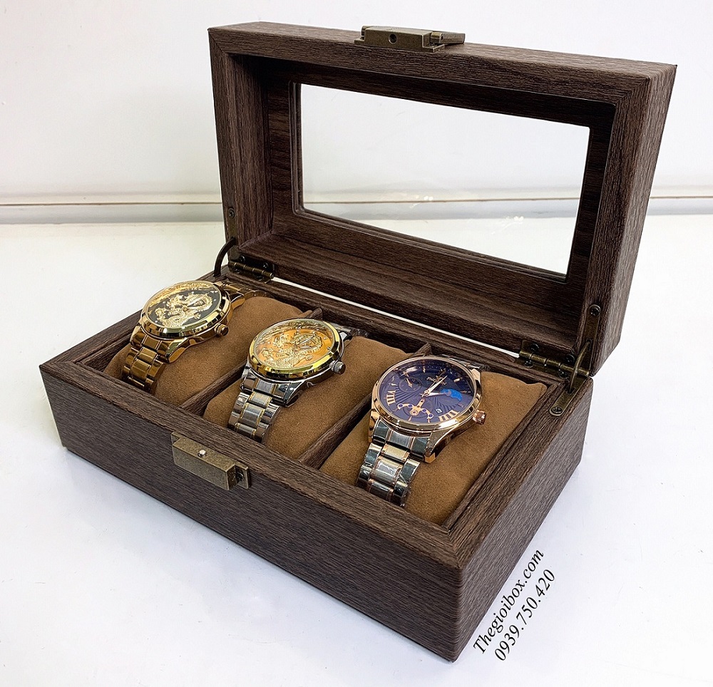 hộp đồng hồ 3 ngăn vỏ da vân gỗ nắp kính cao cấp
