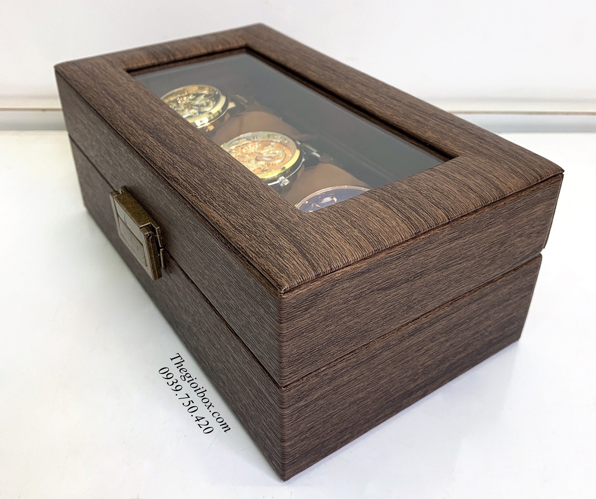 hộp đồng hồ 3 ngăn vỏ da vân gỗ nắp kính cao cấp
