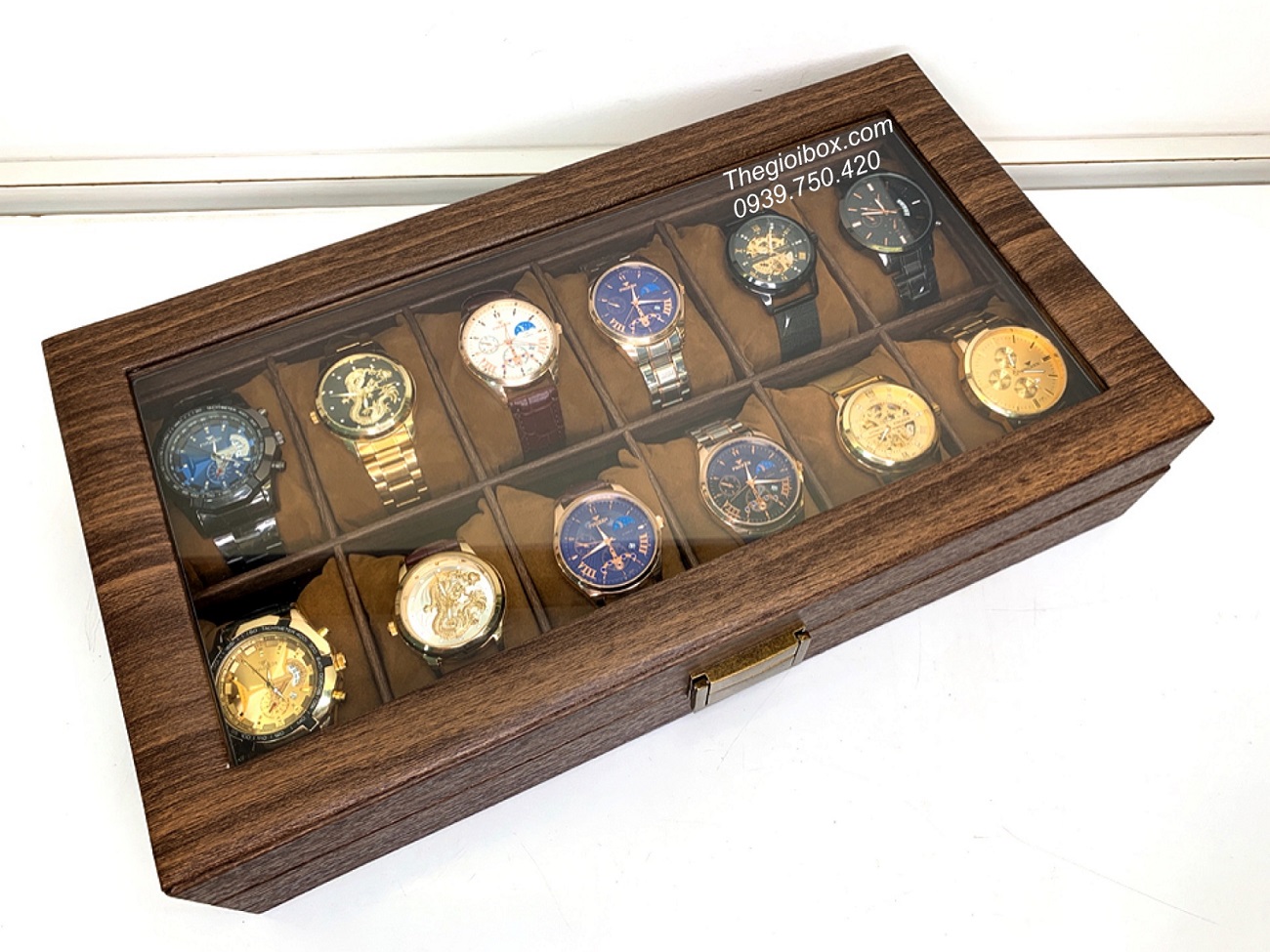hộp 12 ngăn đựng đồng hồ bằng gỗ bọc da cao cấp