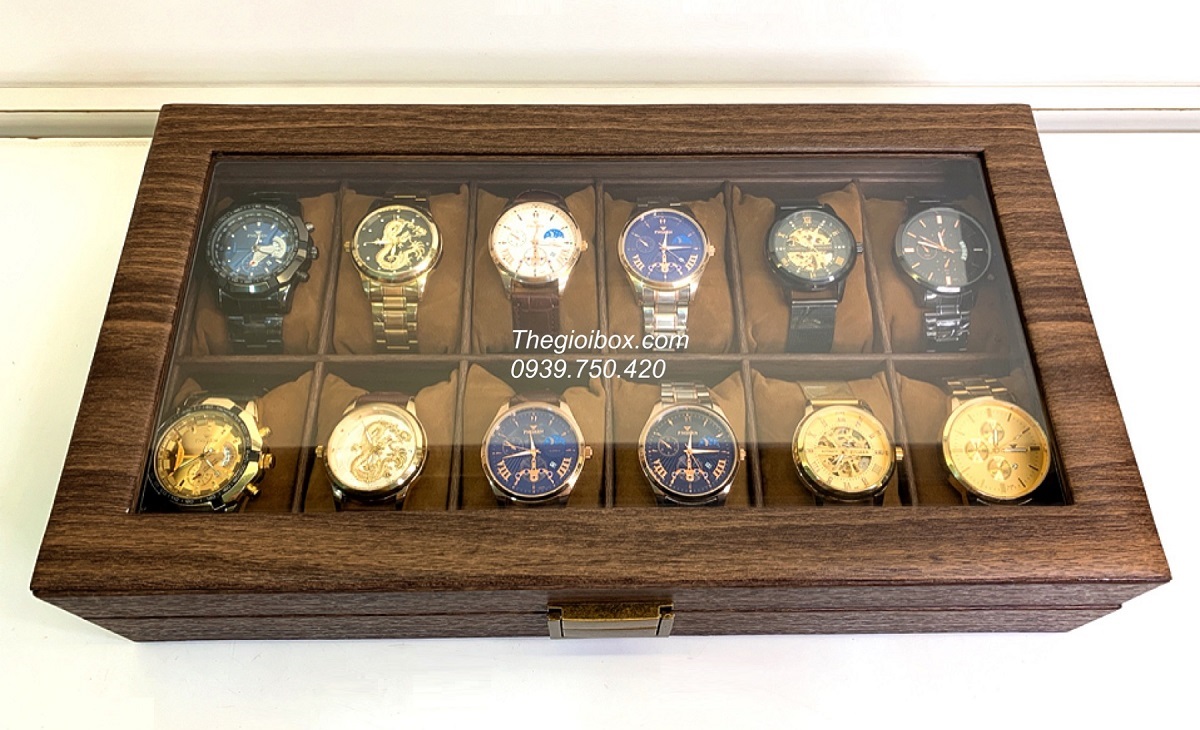 hộp 12 ngăn đựng đồng hồ bằng gỗ bọc da cao cấp