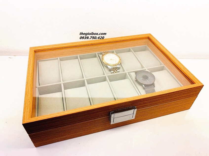 hộp đựng đồng hồ bằng gỗ 12 ngăn có nắp đậy
