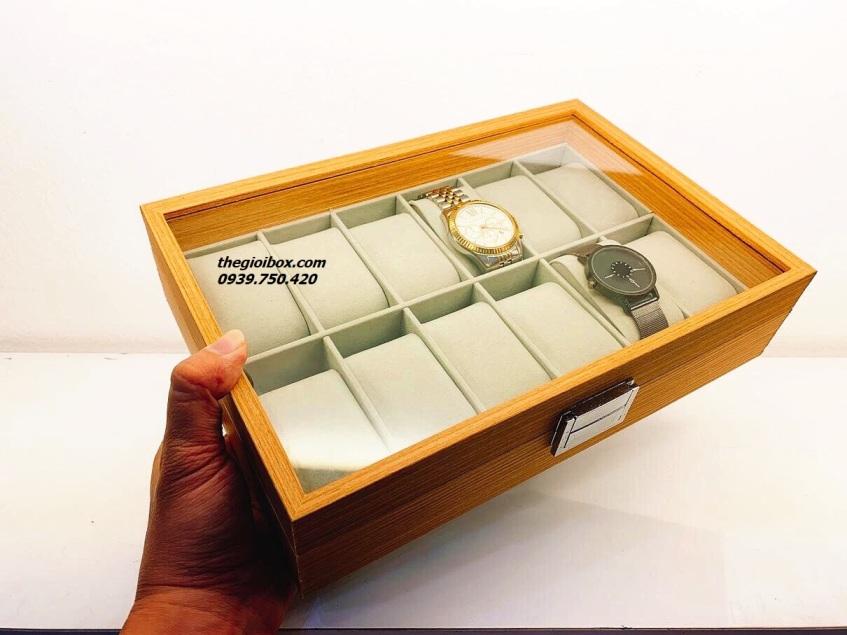 hộp đựng đồng hồ bằng gỗ 12 ngăn có nắp đậy