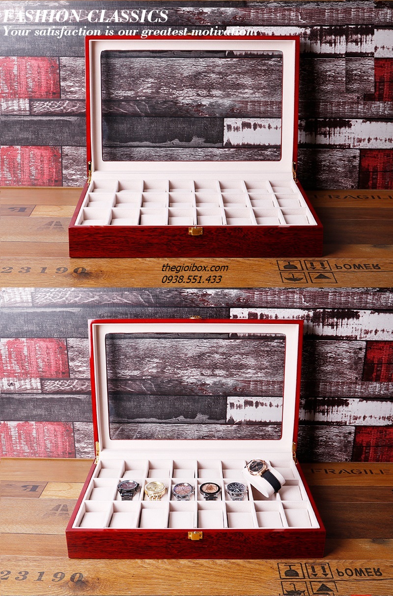 hộp để trưng bày đồng hồ 24 chiếc vỏ bằng gỗ