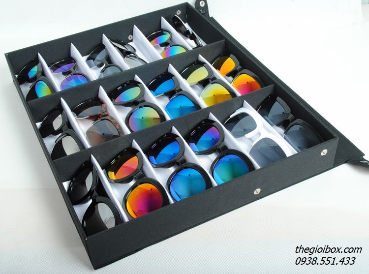 khay kệ hộp trưng bày kính mắt 18 ngăn có nắp chống bụi