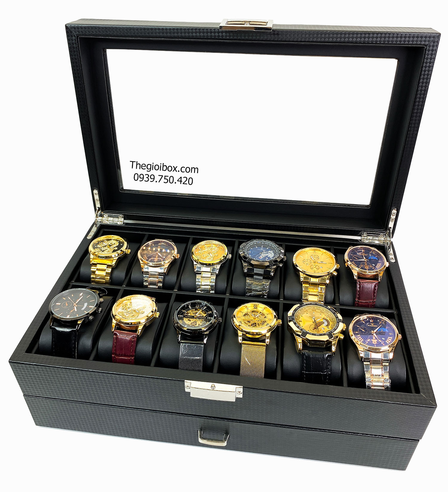 Hộp đựng 12 đồng hồ + nhẫn + trang sức 2 tầng vỏ da vân cacbon sang trọng - giá tốt nhất