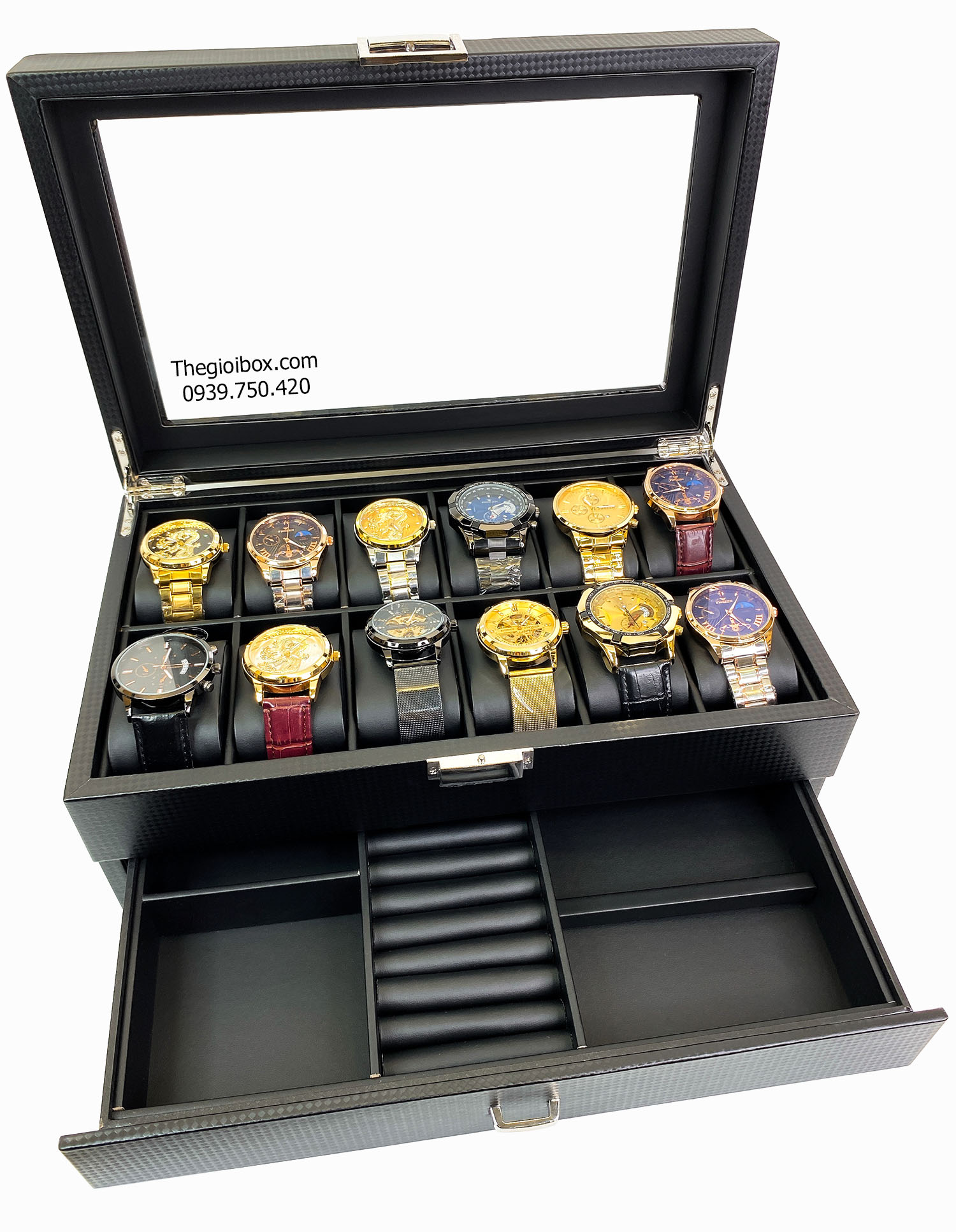 Hộp đựng 12 đồng hồ + nhẫn + trang sức 2 tầng vỏ da vân cacbon sang trọng - giá tốt nhất
