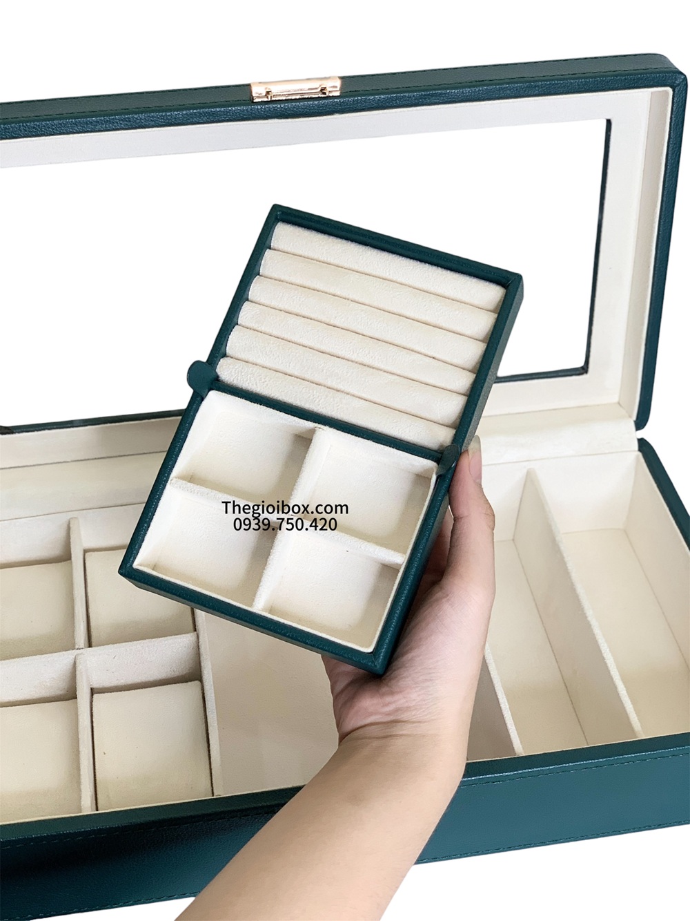 Hộp đựng đồng hồ 4 ngăn và trang sức vỏ da lót nỉ nhung có khóa nhỏ gọn cao cấp