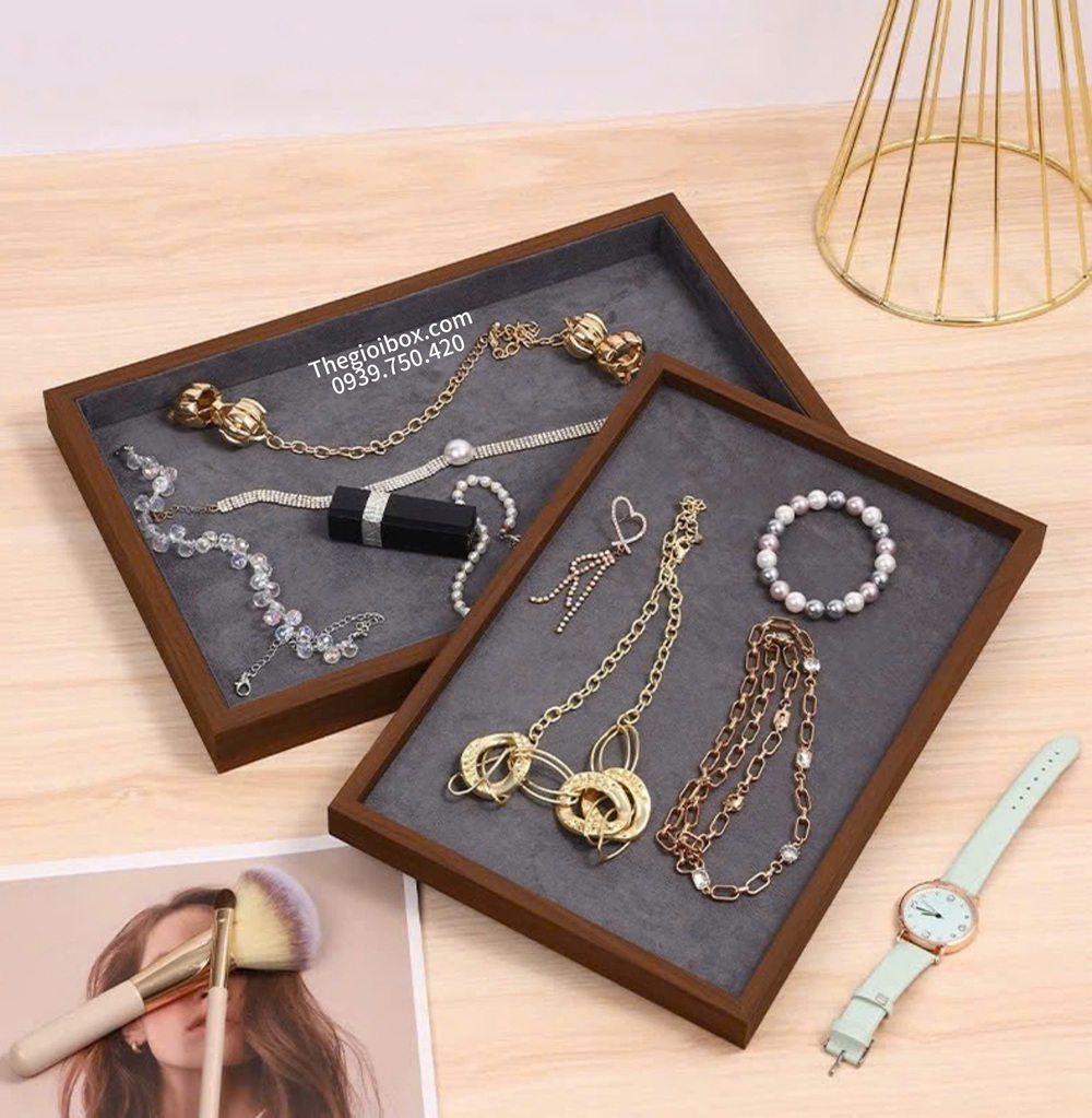 Khay Trưng Bày Trang Sức Gỗ Lót Nỉ Nhung Xám Bền Đẹp