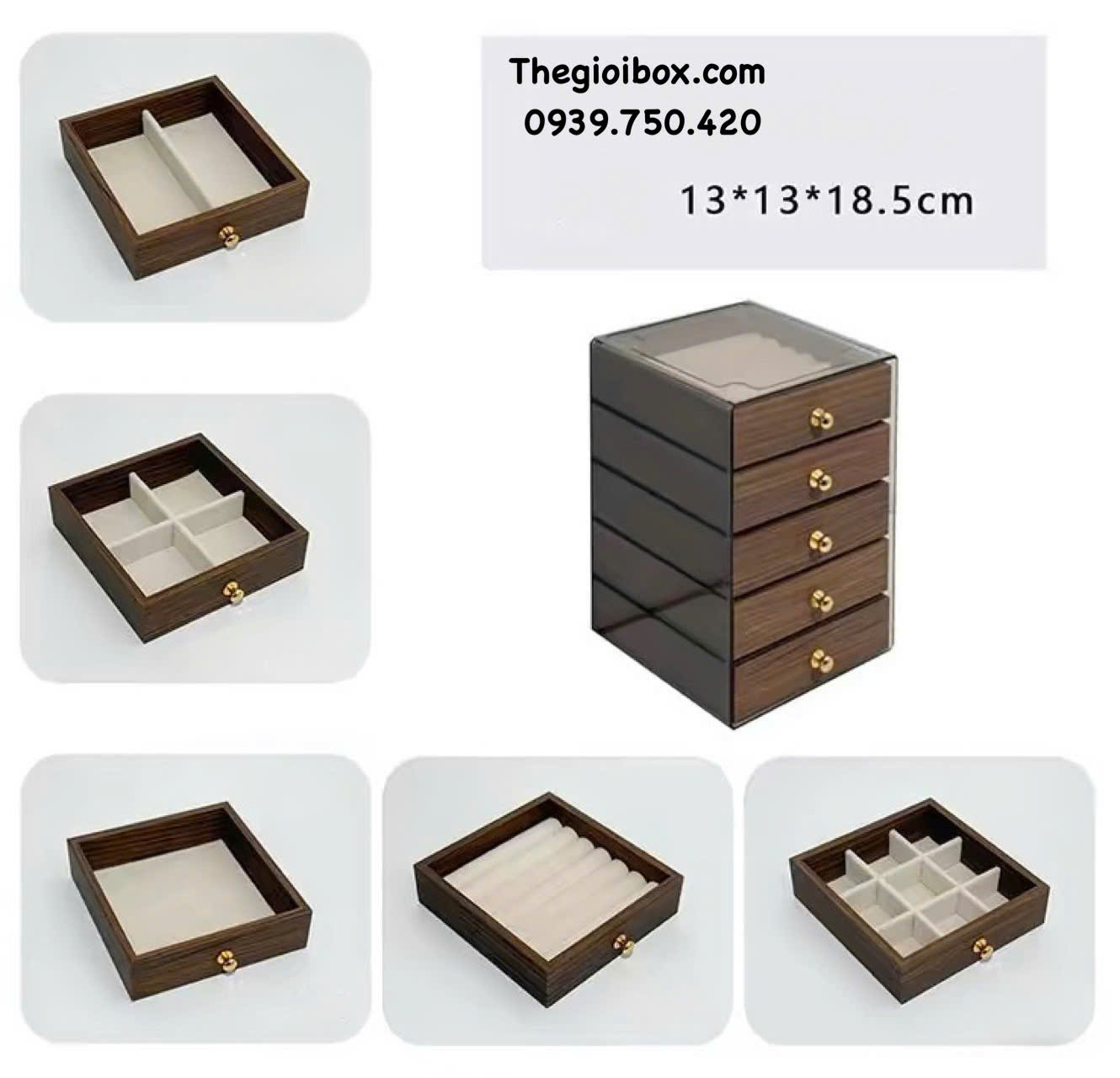 hộp đựng trang sức nữ trang bằng acrylic trong suốt ngăn kéo gỗ MDF cao cấp