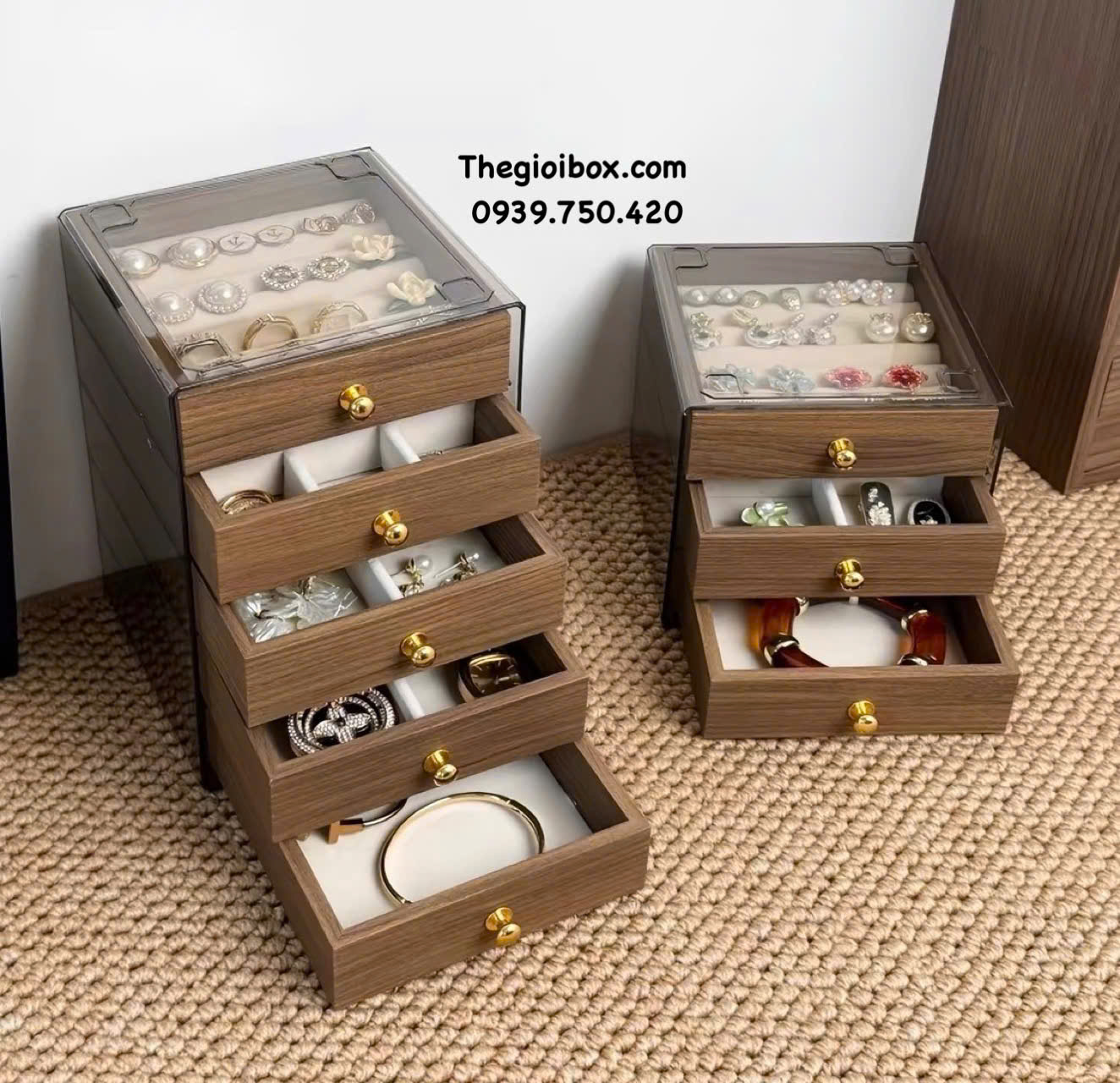 hộp đựng trang sức nữ trang bằng acrylic trong suốt ngăn kéo gỗ MDF cao cấp