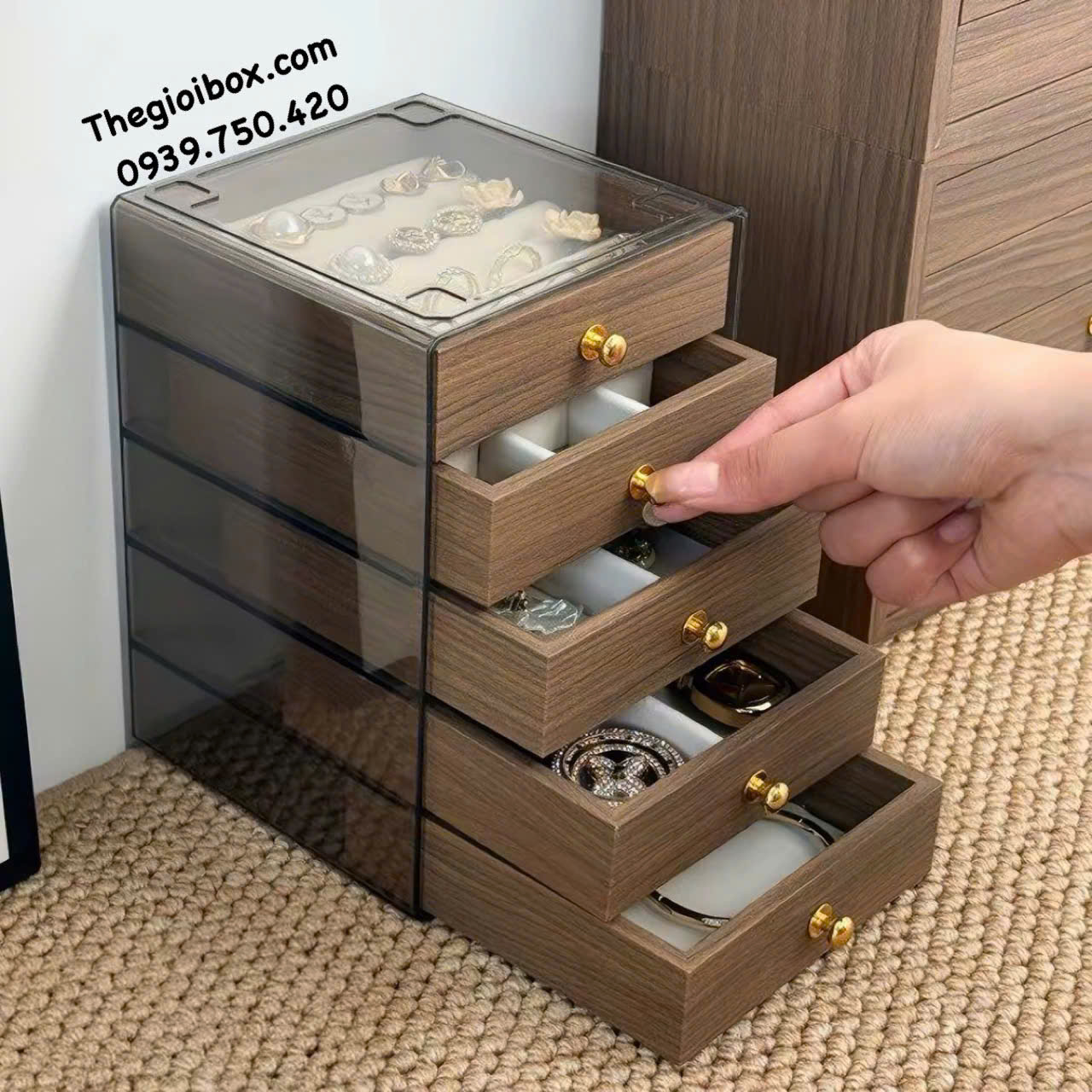 hộp đựng trang sức nữ trang bằng acrylic trong suốt ngăn kéo gỗ MDF cao cấp