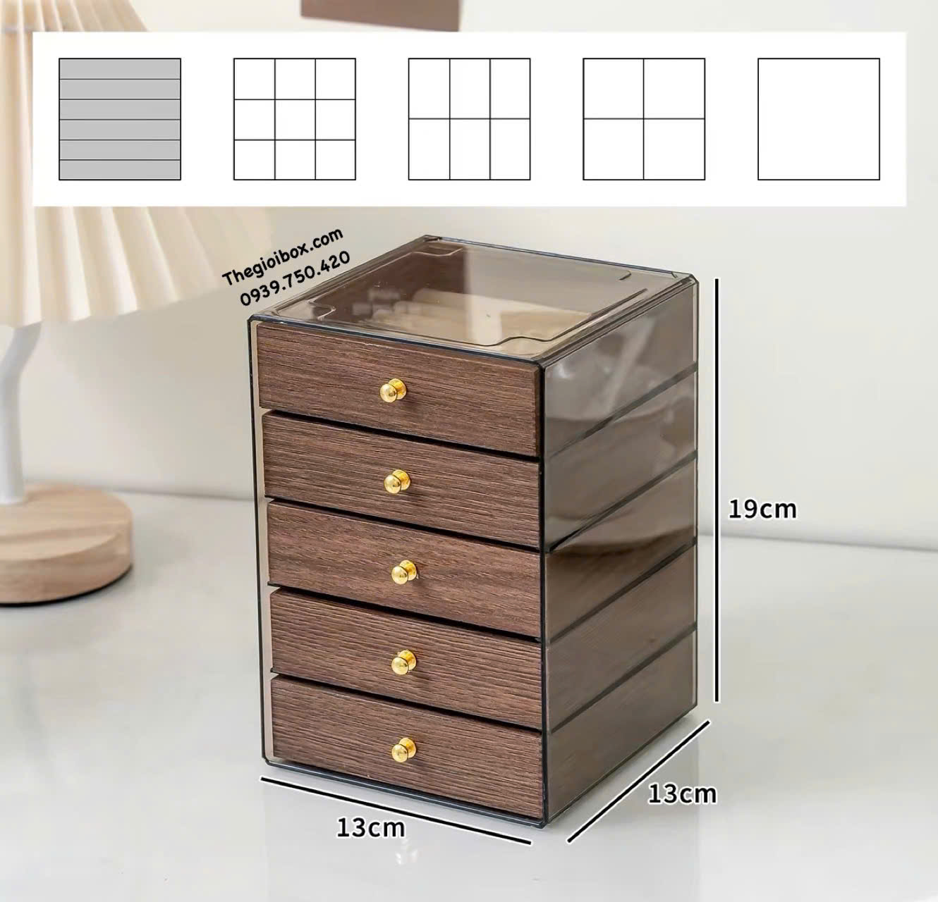 hộp đựng trang sức nữ trang bằng acrylic trong suốt ngăn kéo gỗ MDF cao cấp