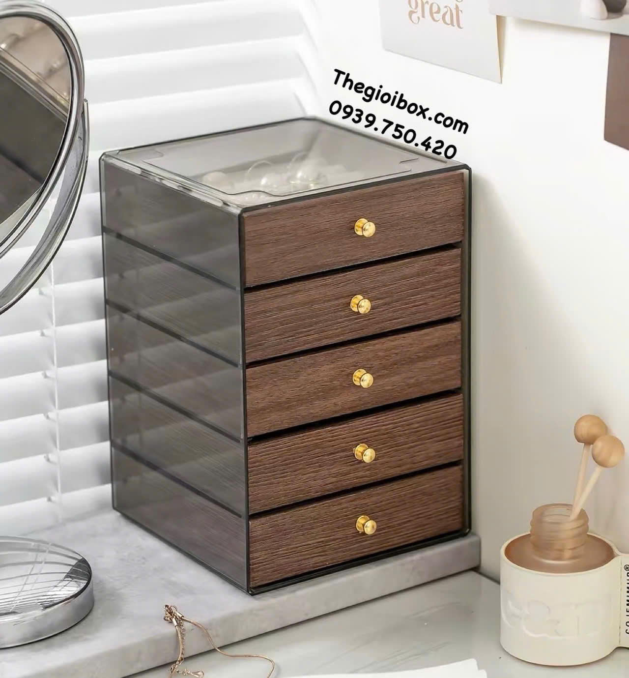 hộp đựng trang sức nữ trang bằng acrylic trong suốt ngăn kéo gỗ MDF cao cấp