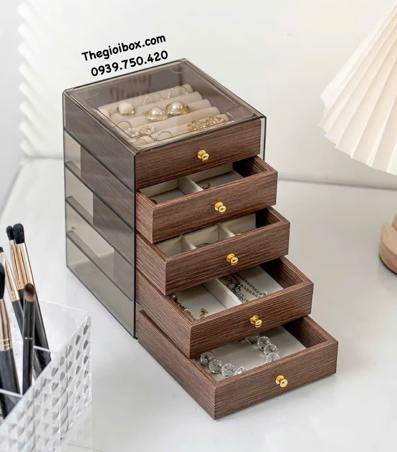 hộp đựng trang sức nữ trang bằng acrylic trong suốt ngăn kéo gỗ MDF cao cấp