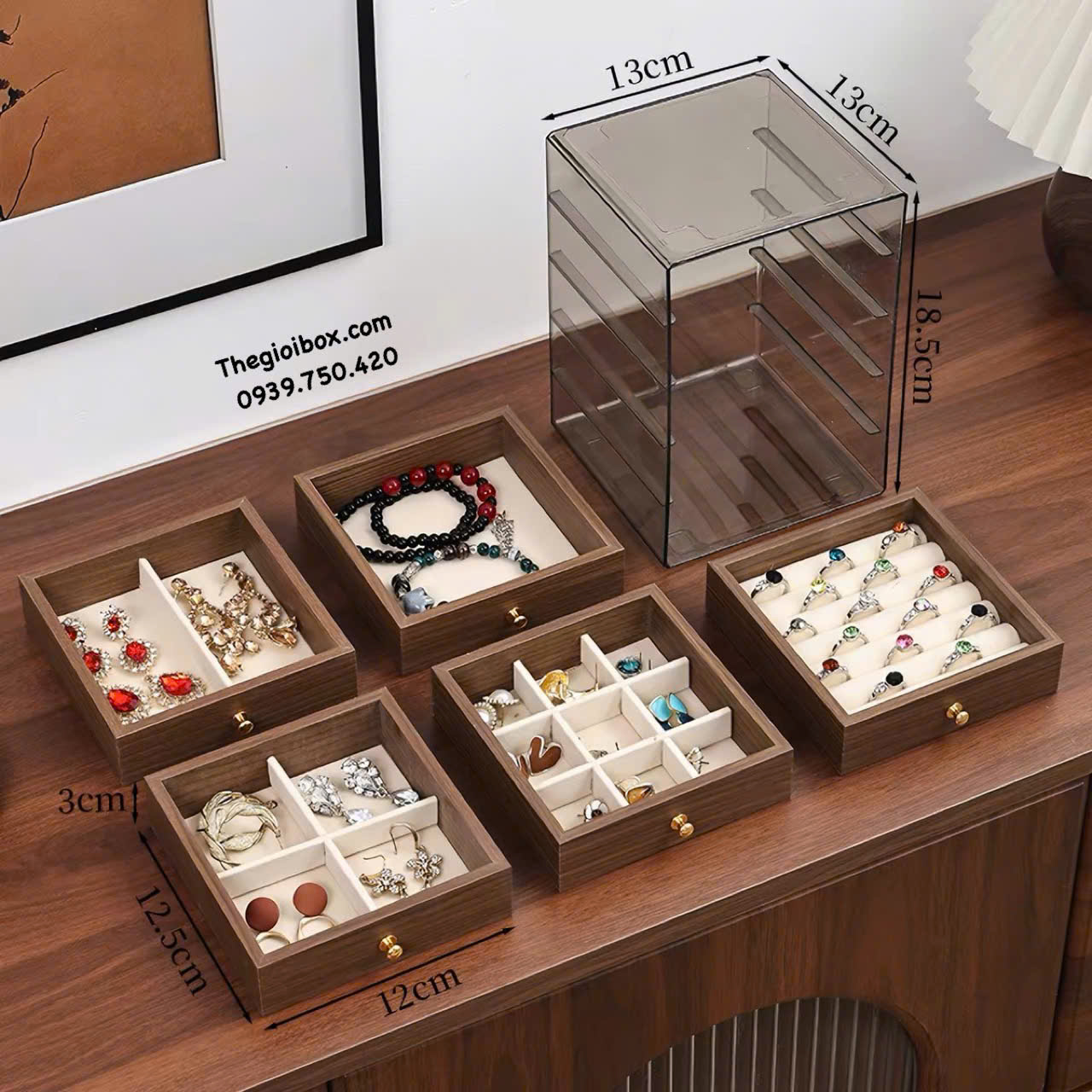 hộp đựng trang sức nữ trang bằng acrylic trong suốt ngăn kéo gỗ MDF cao cấp
