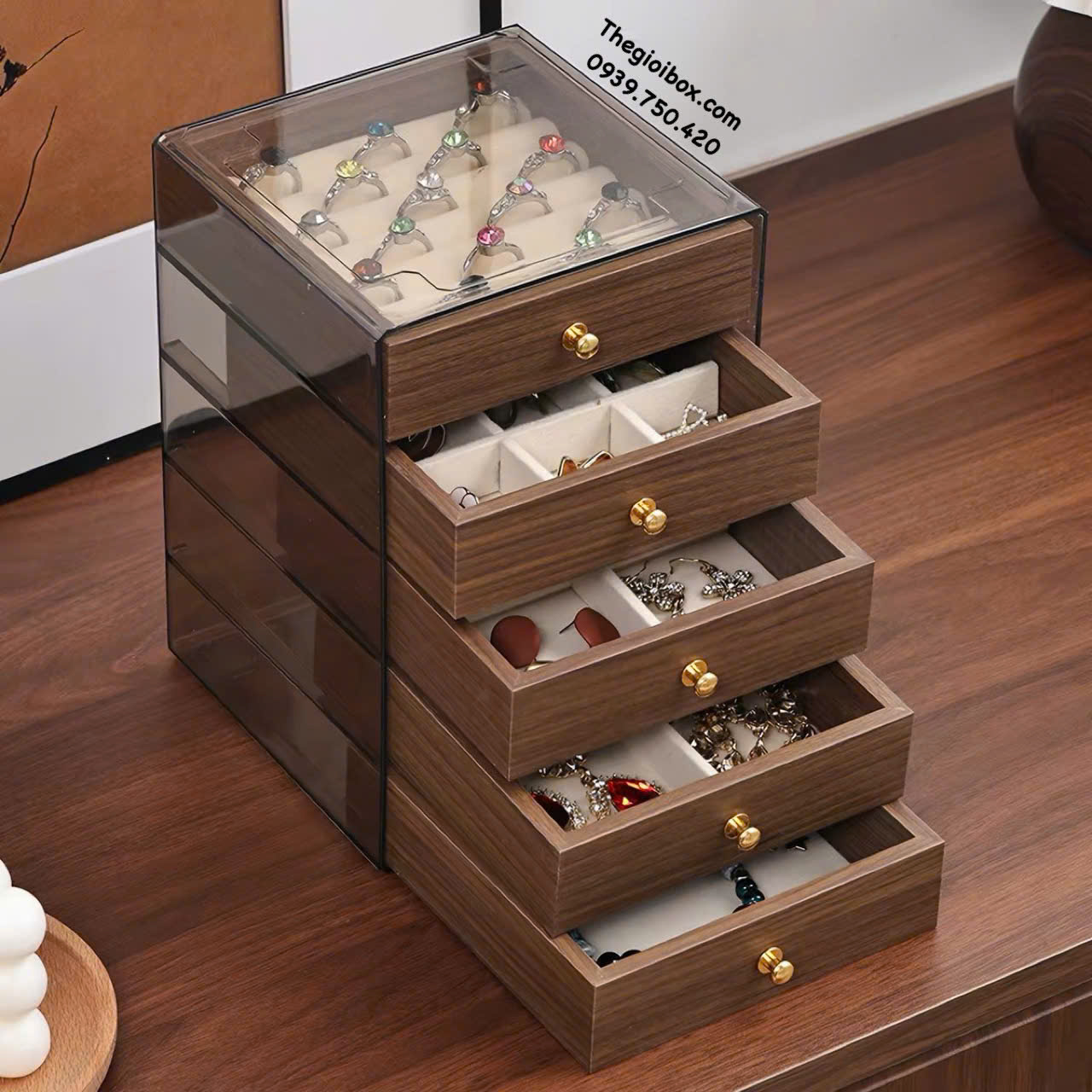hộp đựng trang sức nữ trang bằng acrylic trong suốt ngăn kéo gỗ MDF cao cấp