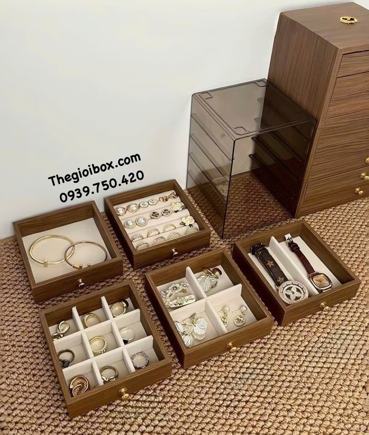 hộp đựng trang sức nữ trang bằng acrylic trong suốt ngăn kéo gỗ MDF cao cấp