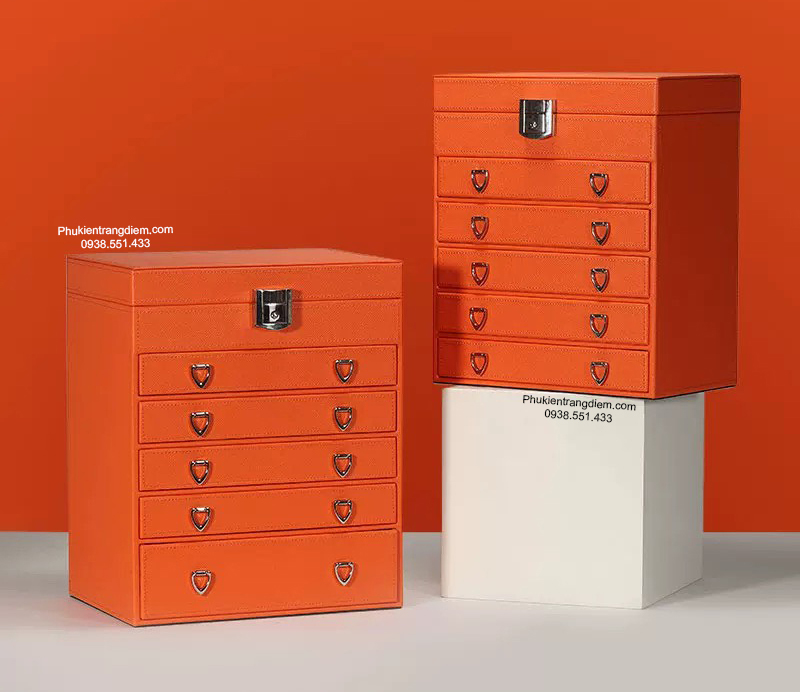 hộp đựng trang sức 6 tầng nhiều ngăn cao cấp sang trọng màu cam hermes
