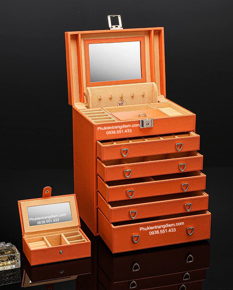 hộp đựng trang sức 6 tầng nhiều ngăn cao cấp sang trọng màu cam hermes