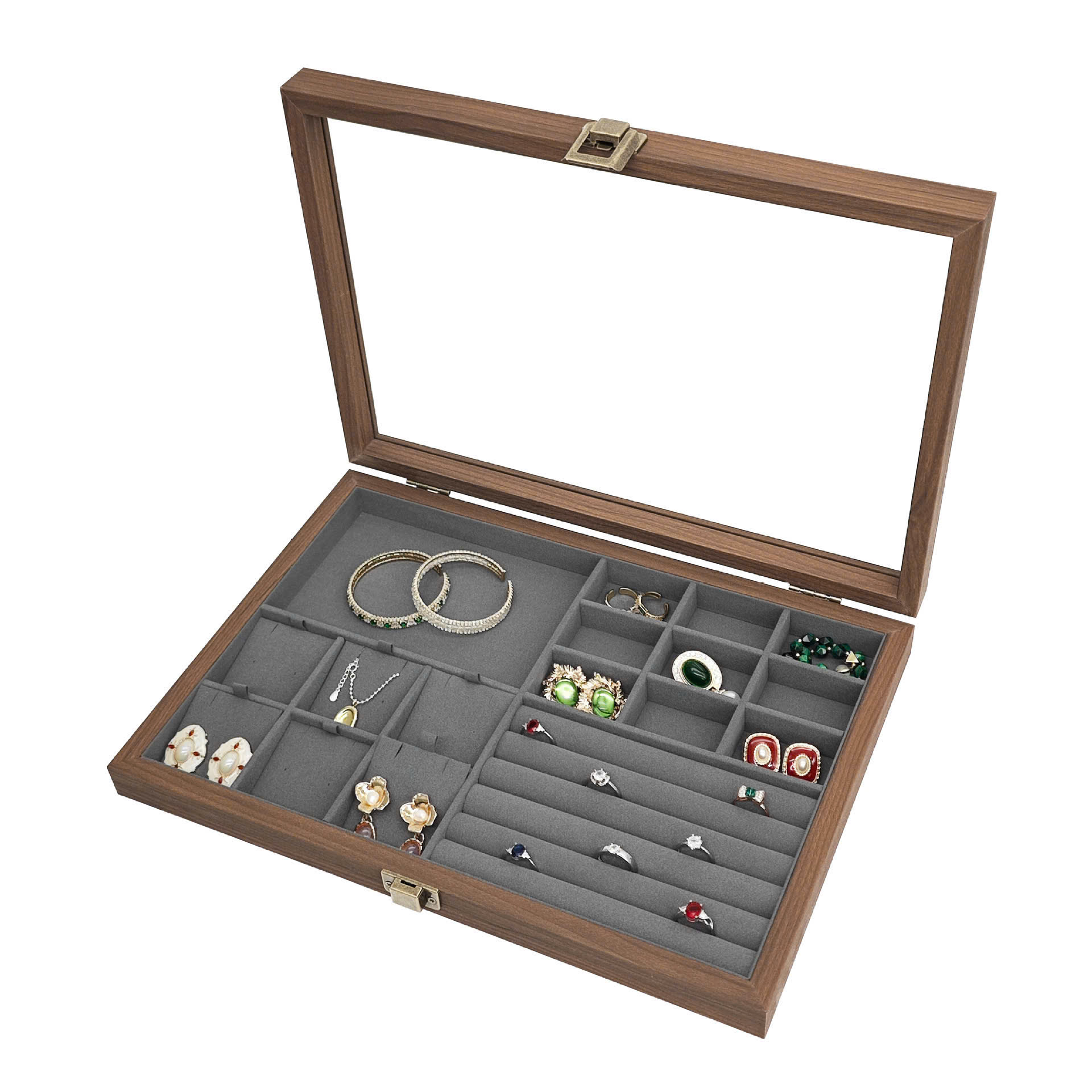 hộp đựng trang sức gỗ đựng nhẫn, dây chuyền, bông tai nội thất nhung nắp trong suốt có khóa