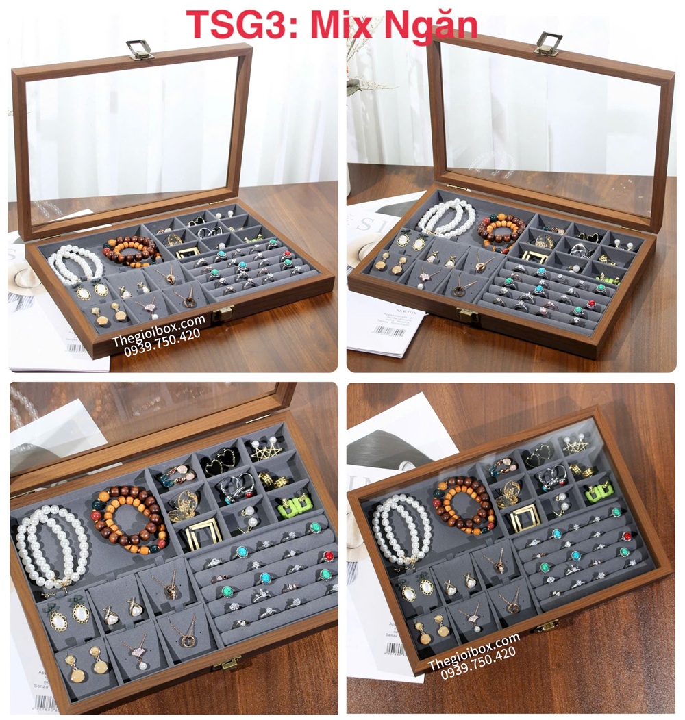 hộp đựng trang sức gỗ đựng nhẫn, dây chuyền, bông tai nội thất nhung nắp trong suốt có khóa