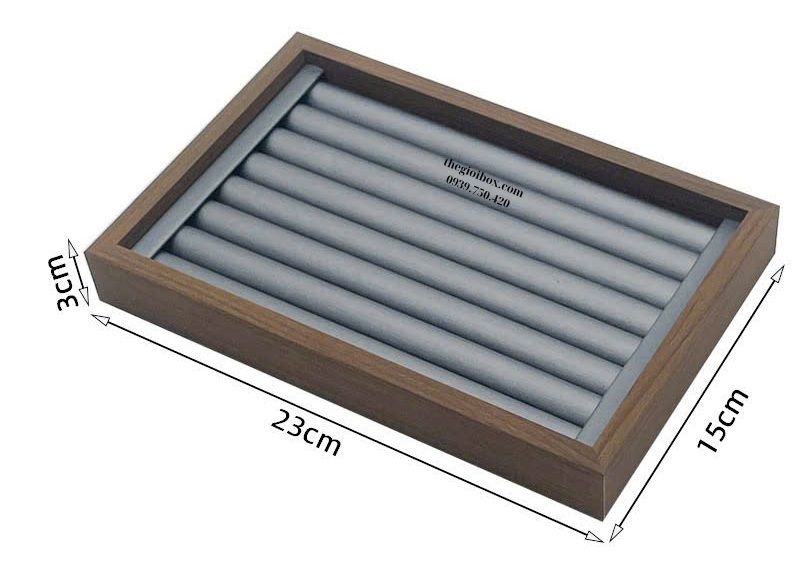 khay cấm nhẫn vỏ gỗ lót da xám bóng cao cấp
