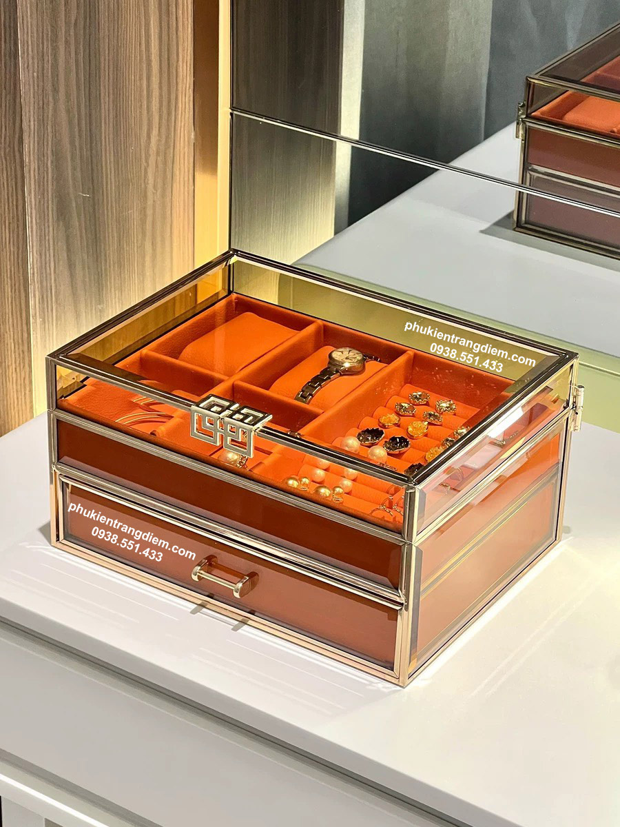 hộp đựng trang sức bằng kính viền kim loại mạ vàng cao cấp sang trọng