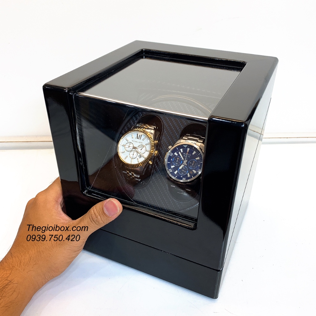 hộp xoay đồng hồ cơ 2 cái có pin vỏ gỗ giá rẻ