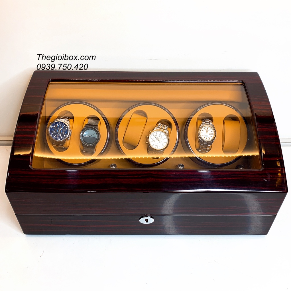 tủ hộp xoay lắc đồng hồ cơ 6 ngăn vỏ gỗ có đèn sang trọng