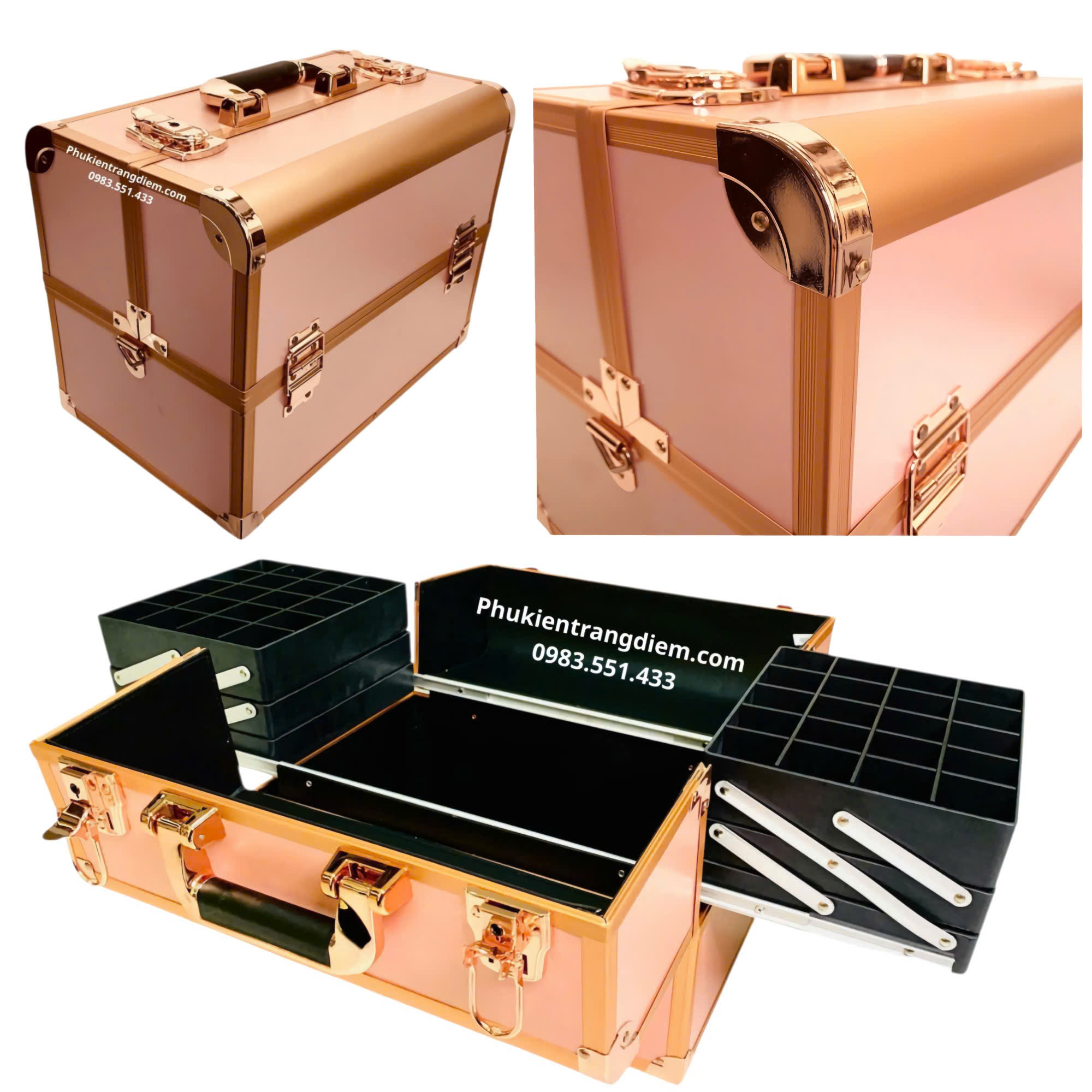 Cốp Trang Điểm Rose Gold 6 Khay Thiết Kế Sang Trọng, Nhiều Ngăn Tiện Lợi