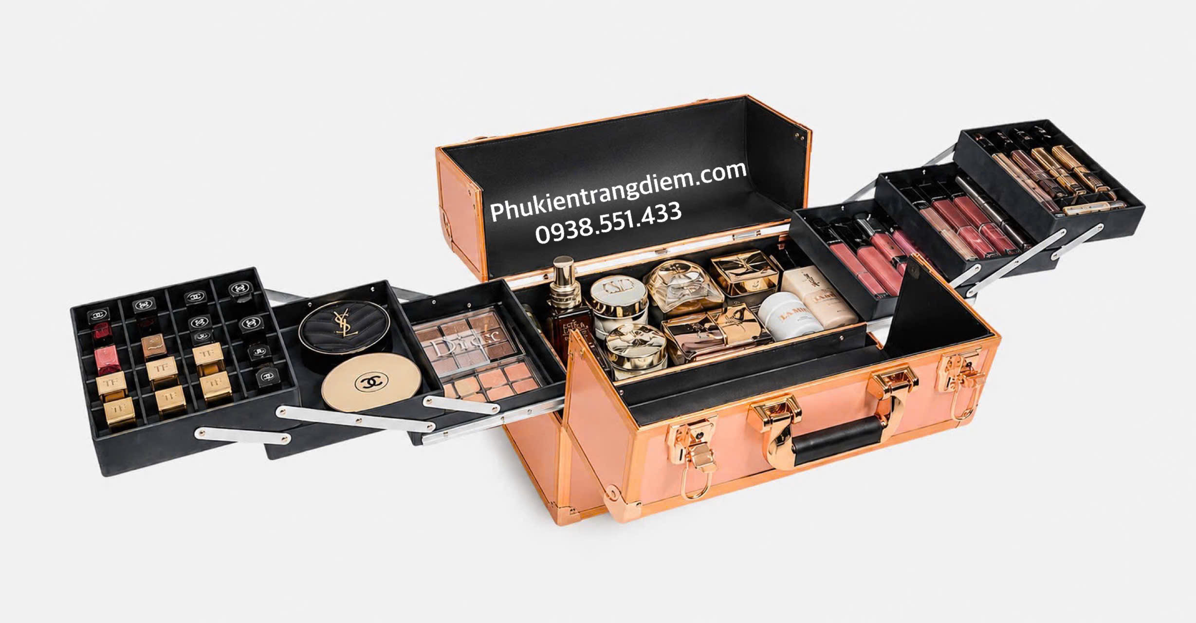Cốp Trang Điểm Rose Gold 6 Khay Thiết Kế Sang Trọng, Nhiều Ngăn Tiện Lợi