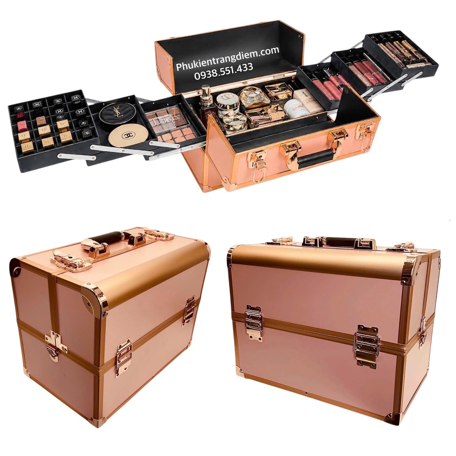 Cốp Trang Điểm Rose Gold 6 Khay Thiết Kế Sang Trọng, Nhiều Ngăn Tiện Lợi