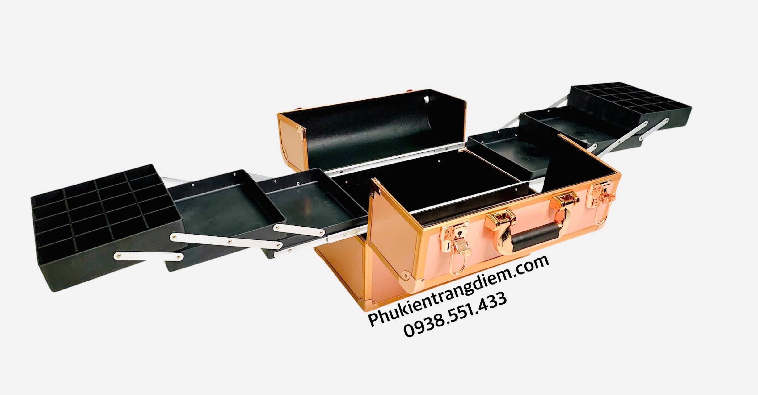 Cốp Trang Điểm Rose Gold 6 Khay Thiết Kế Sang Trọng, Nhiều Ngăn Tiện Lợi