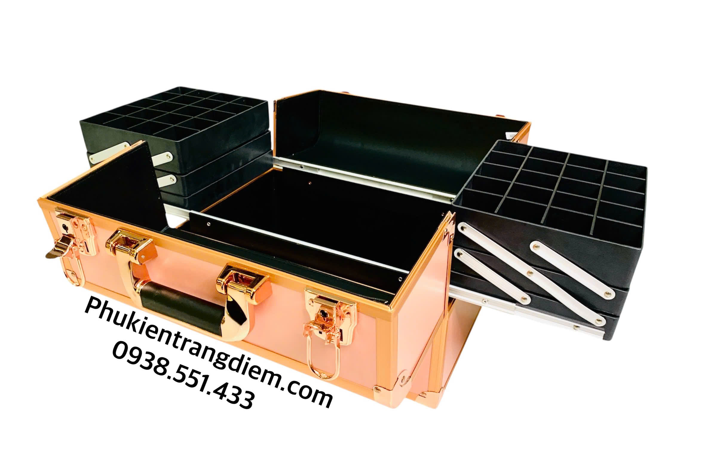 Cốp Trang Điểm Rose Gold 6 Khay Thiết Kế Sang Trọng, Nhiều Ngăn Tiện Lợi